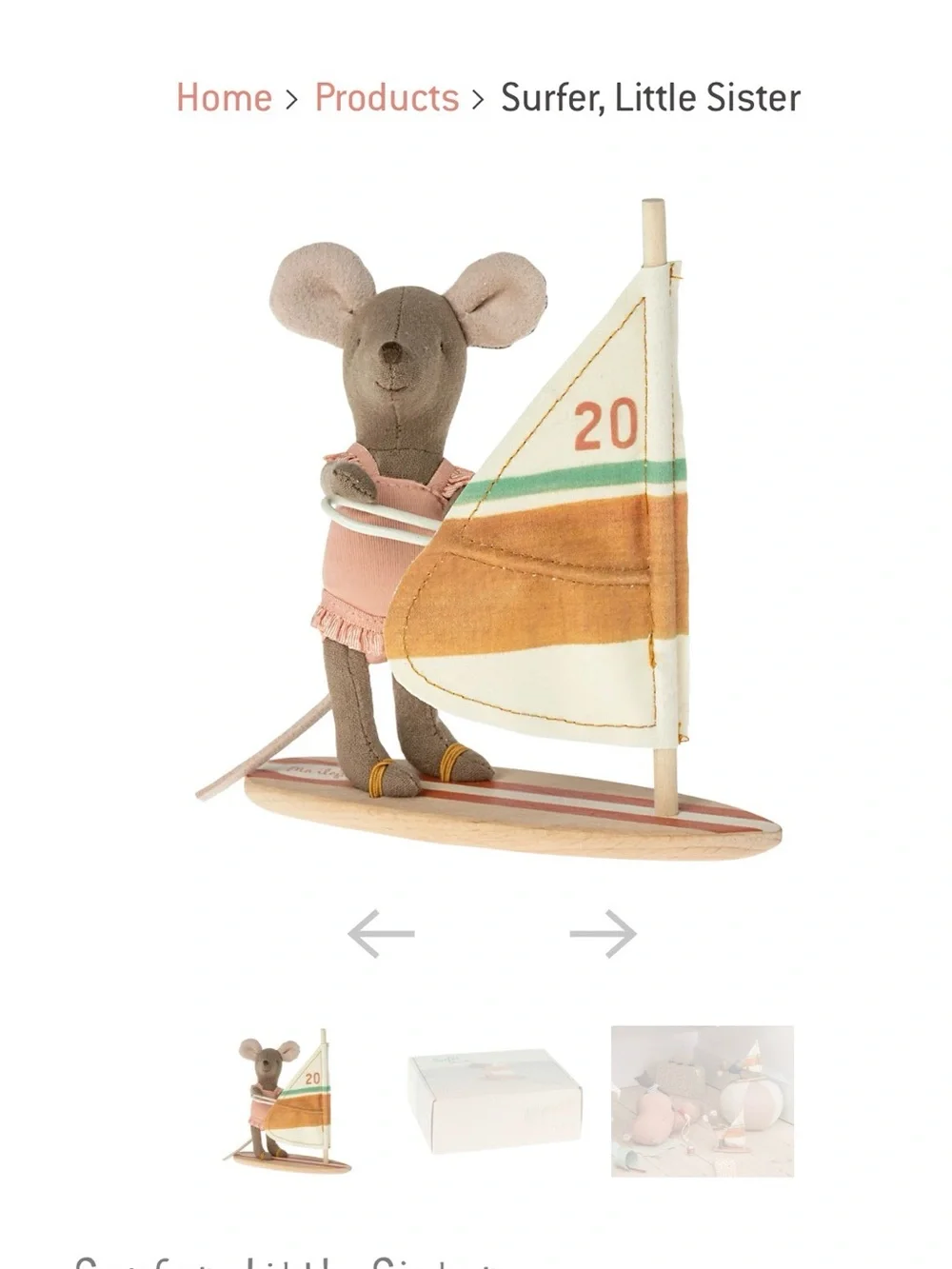 Maileg Sister Surfer Mouse Surfboard and Box